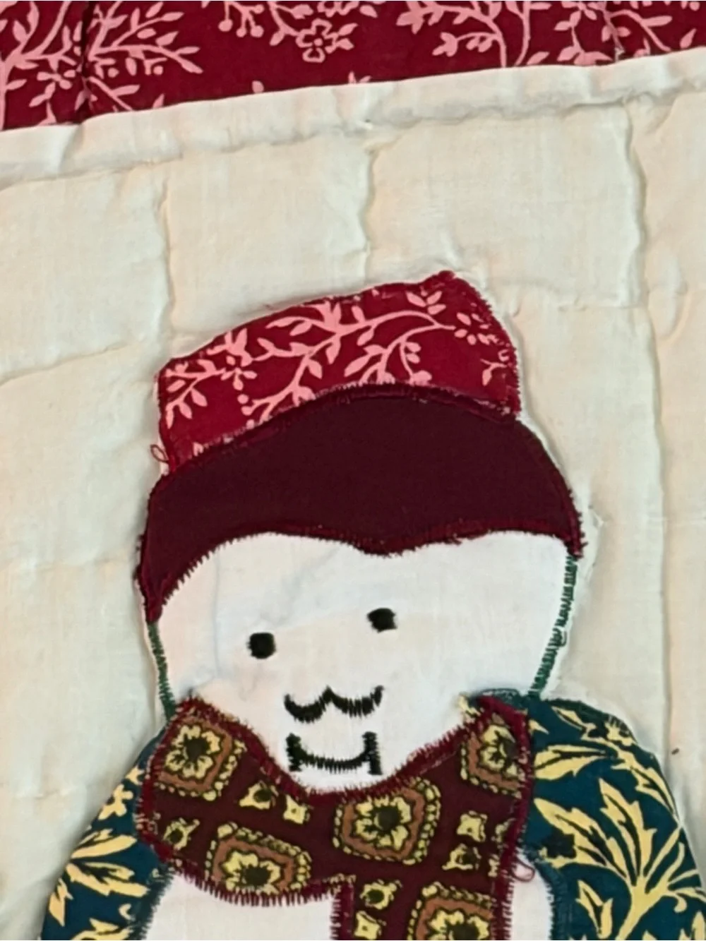 Festive Red Patchwork Holiday Throw Blanket with Appliqué.  Entirely hand sewn.